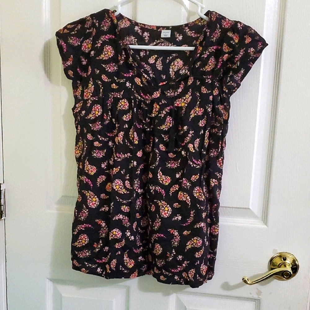 Old Navy Boho Black Colorful Floral Paisley Tassel Keyhole Flutter Sleeves Top S